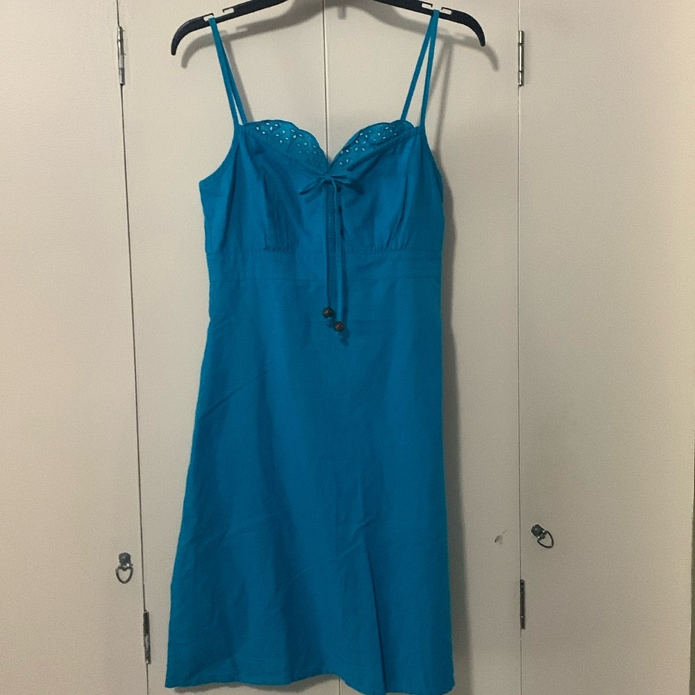 Gap slim pants- Banana Republic silk top-Espirit Eyelet Sundress